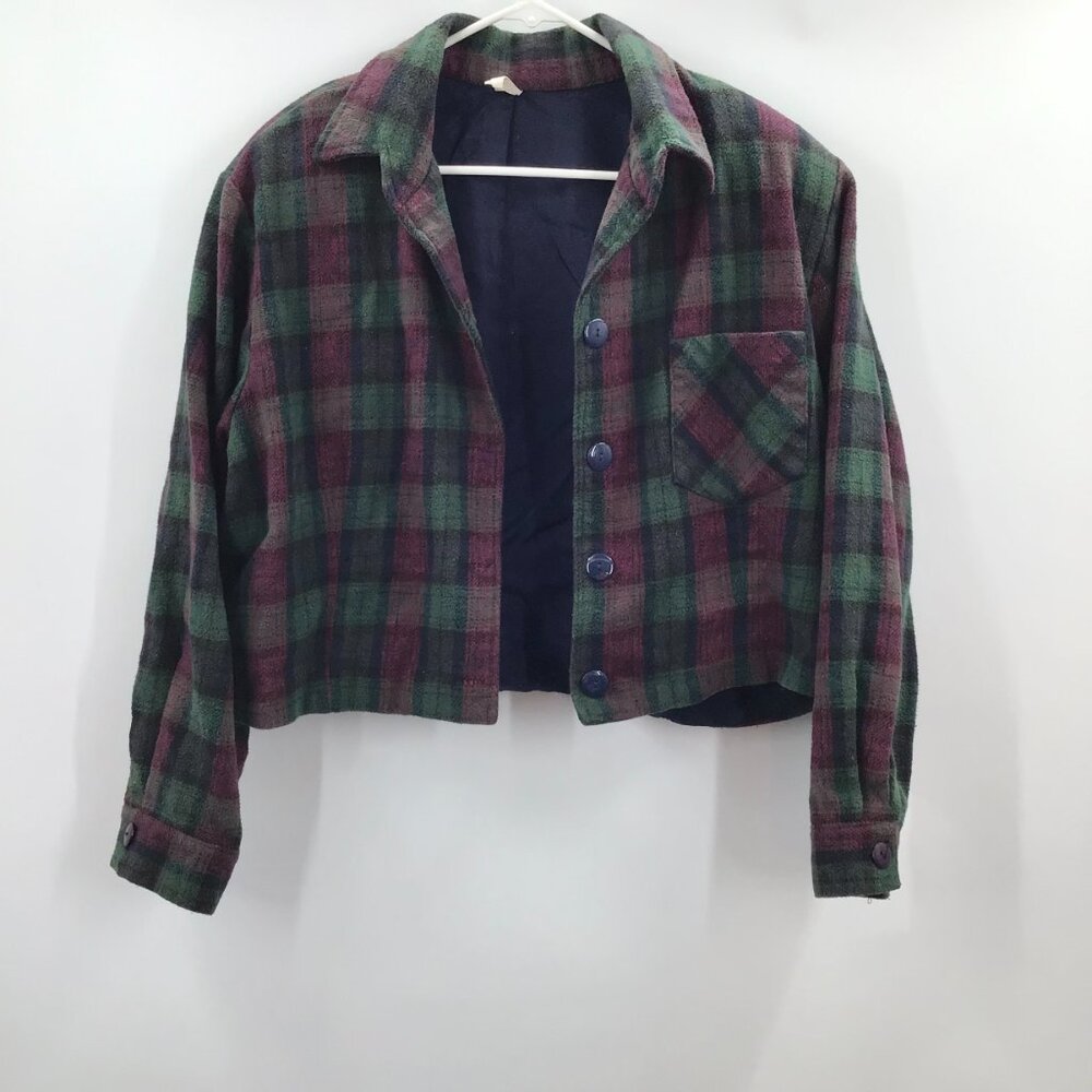 Vintage 1990s Cropped Plaid Flannel Shirt Grunge Sz 22 Long Sleeve Red Green - Picture 3 of 11
